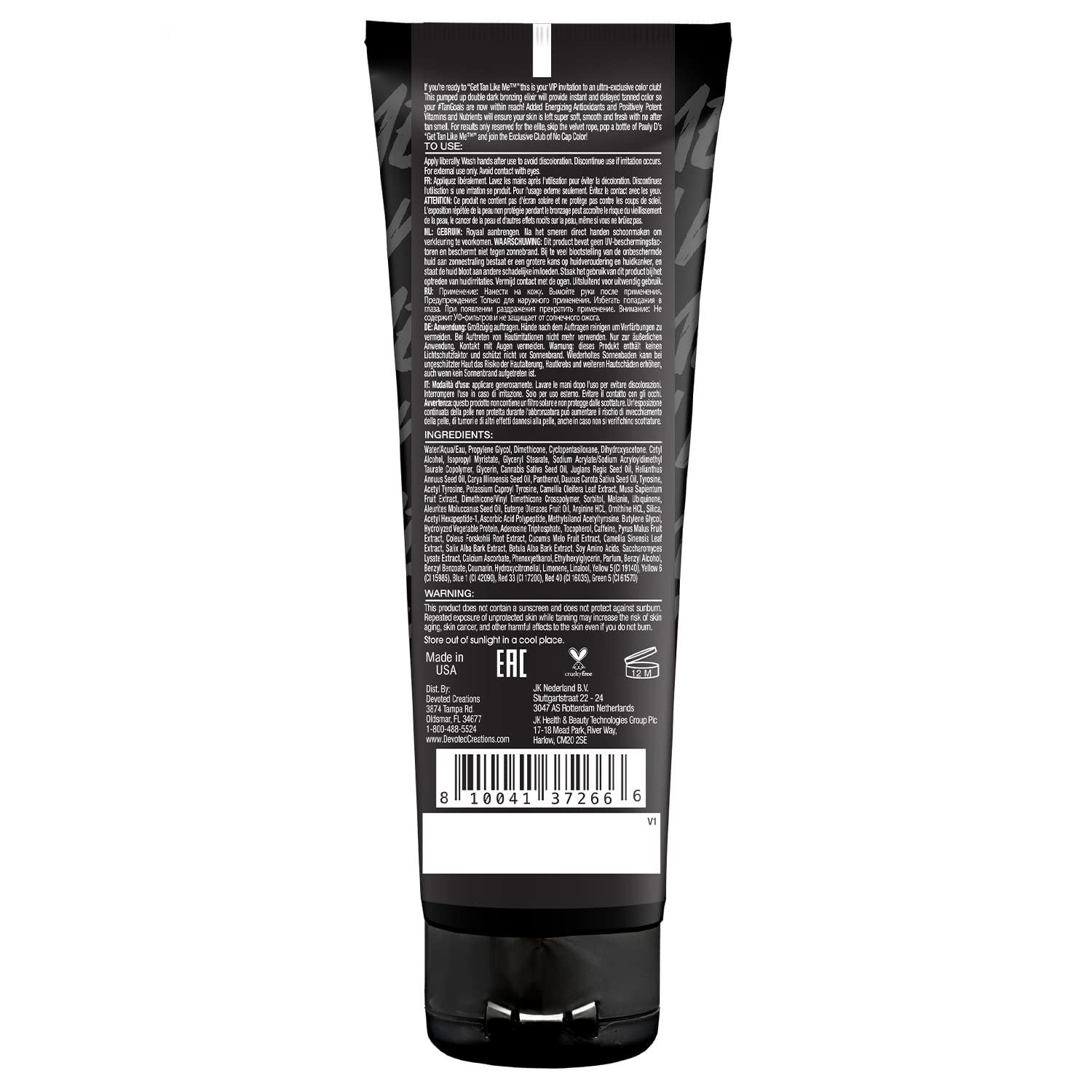 Detailed view of Devoted Creations tanning lotion bottle