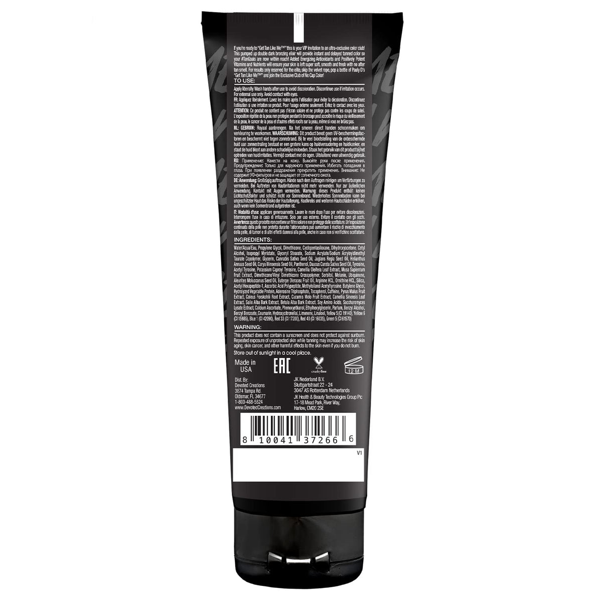 Devoted Creations dark tanning lotion packaging close up