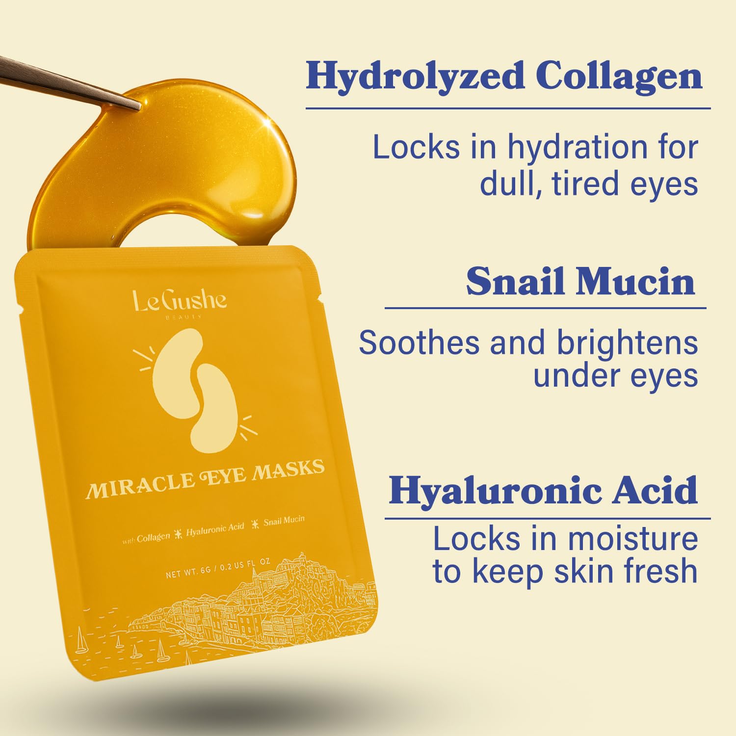 Premium imported USA skincare packaging of LE GUSHE anti-aging under-eye patches.