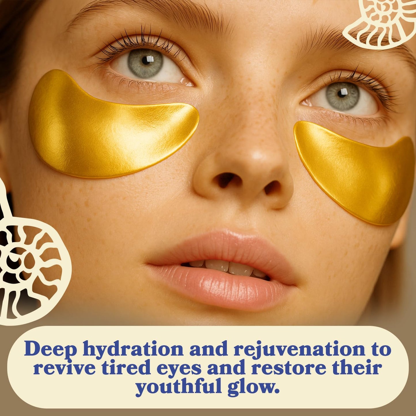 Skincare flat lay featuring twenty pairs of gold hydrogel masks for dark circles.