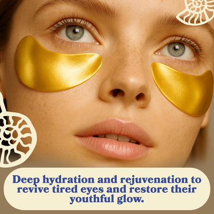 Skincare flat lay featuring twenty pairs of gold hydrogel masks for dark circles.