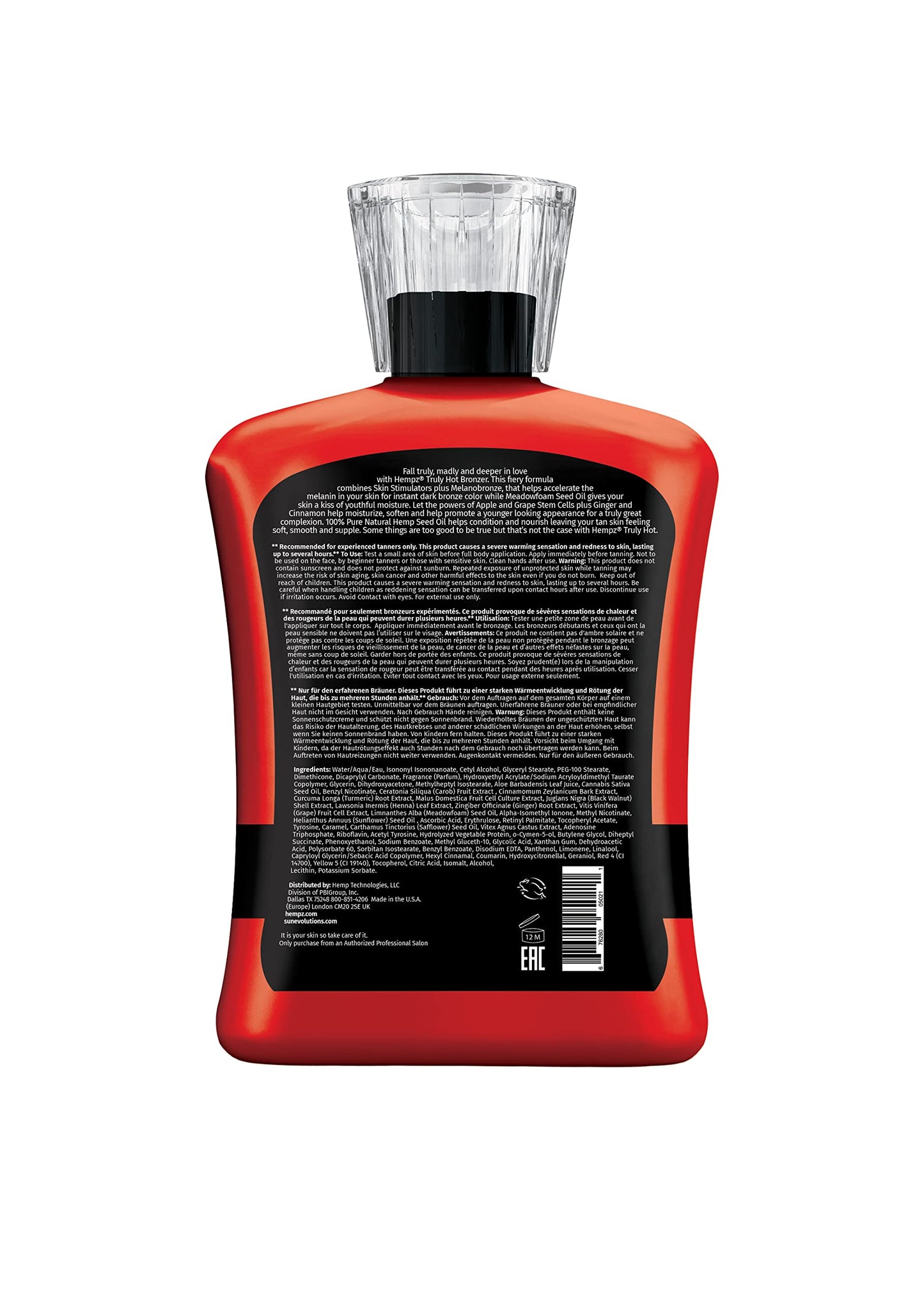 Hempz Truly Hot tanning lotion bottle side profile