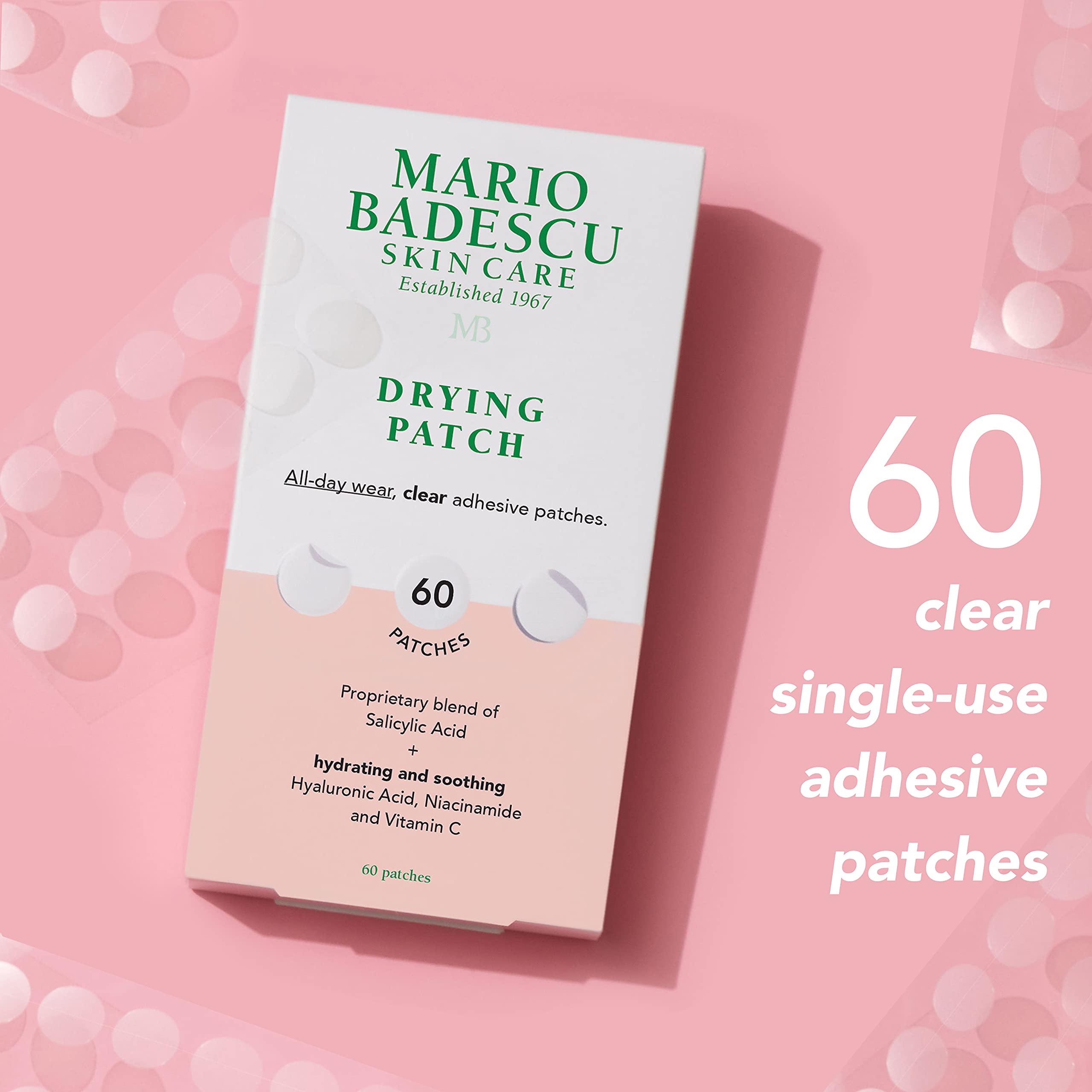 Mario Badescu hydrocolloid pimple patches sheet displaying 12mm circular spot treatments