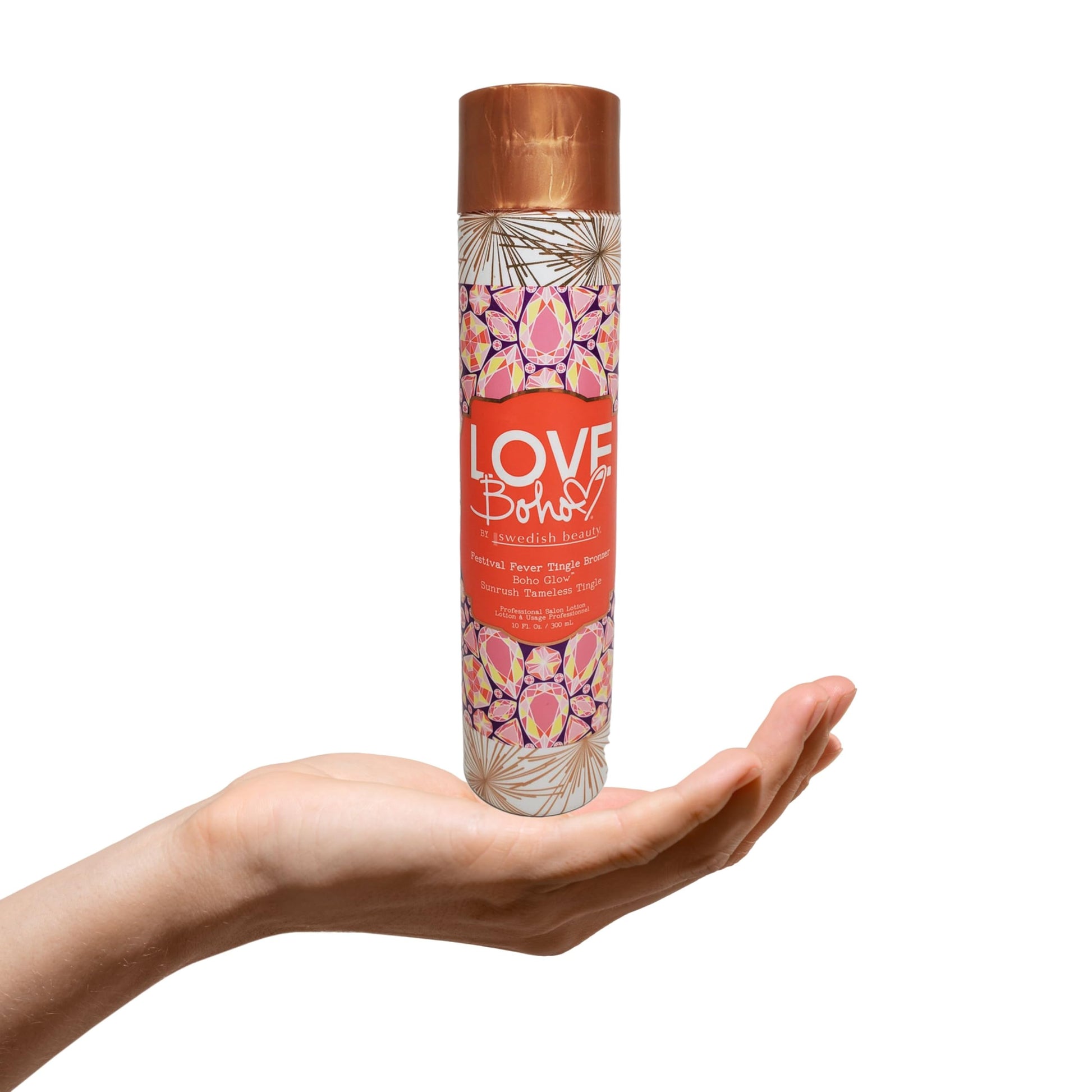 Close up of Swedish Beauty Love Boho Festival Fever lotion packaging