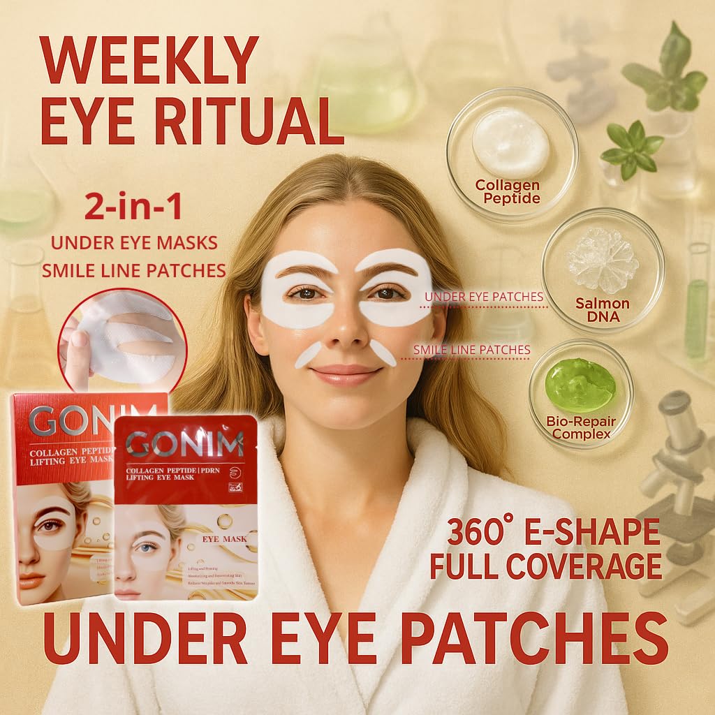 GONIM salmon DNA eye patches displayed showing the unique 360-degree E-shape hydrogel design.