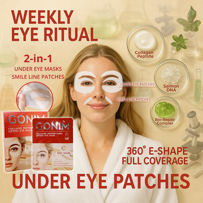 GONIM salmon DNA eye patches displayed showing the unique 360-degree E-shape hydrogel design.