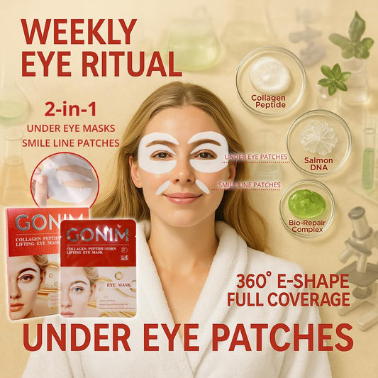 GONIM salmon DNA eye patches displayed showing the unique 360-degree E-shape hydrogel design.