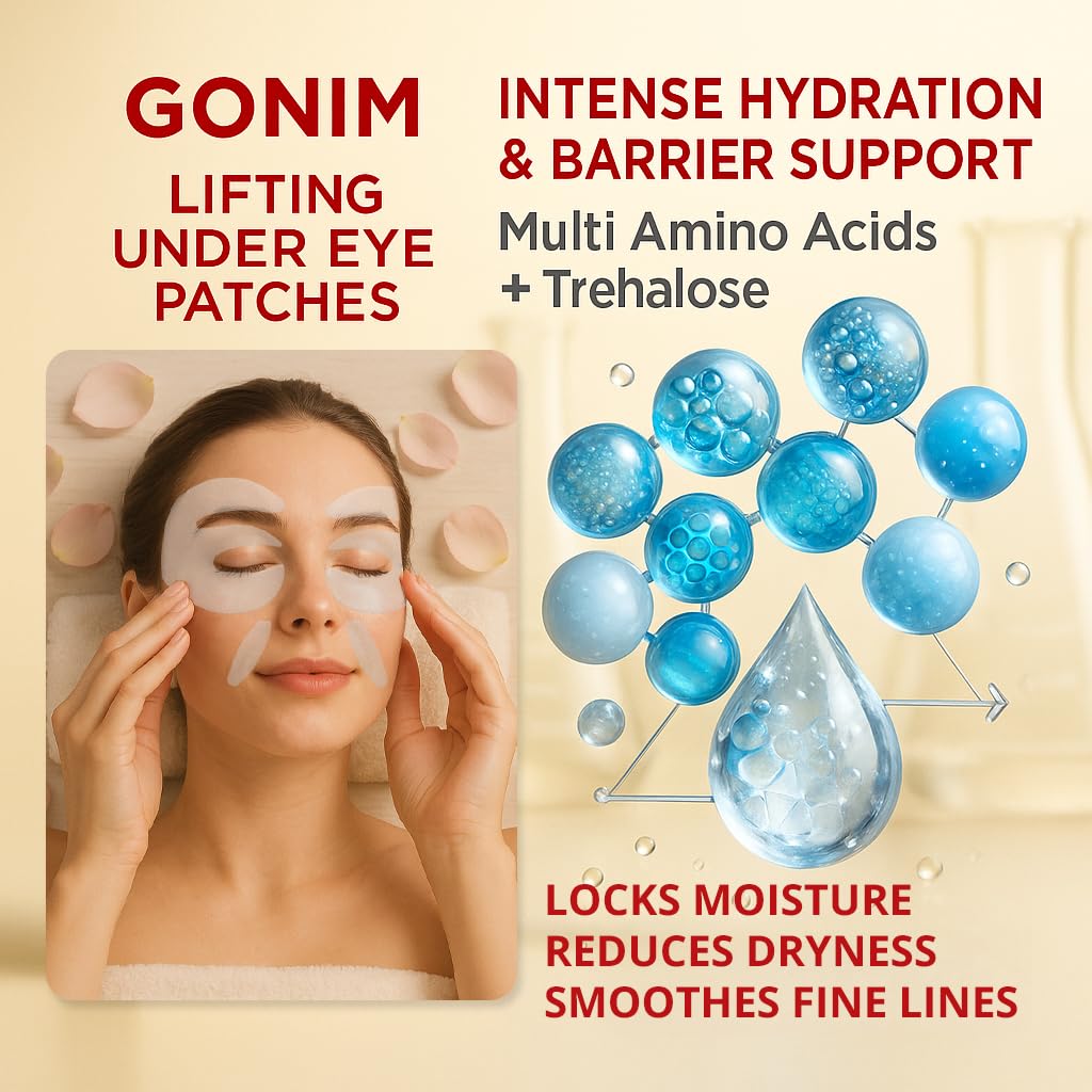 Set of four pairs of GONIM under eye hydrogel patches for travel and gifting.