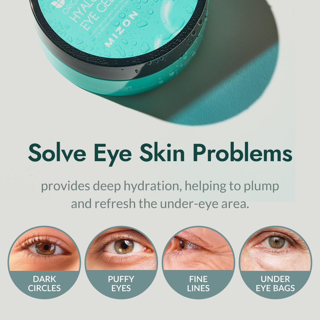 Mizon hyaluronic acid eye patches packaging highlighting the 60 pieces count and seaweed extract ingredients