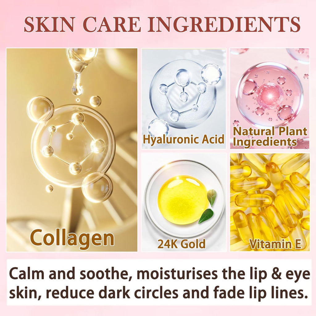 Applying gold eye patches for under-eye puffiness reduction.