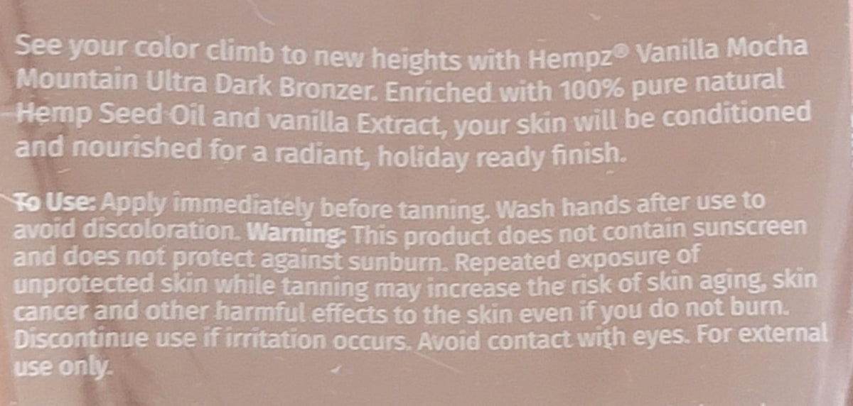 Hempz tanning lotion back label showing ingredients and directions
