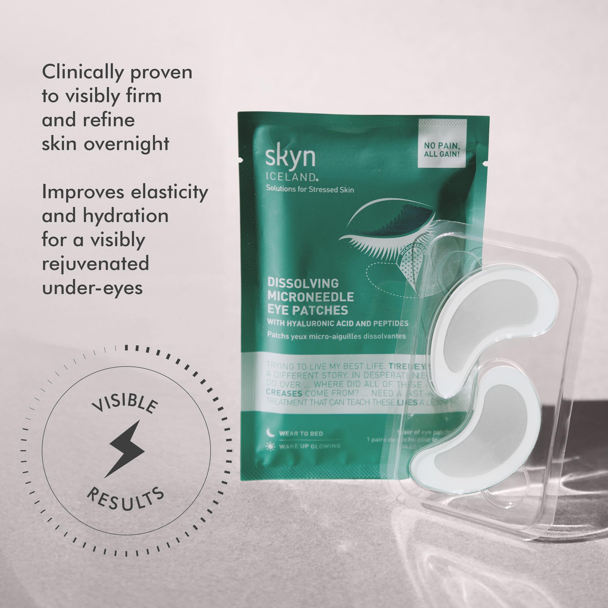 Skyn ICELAND eye patches with 39 percent hyaluronic acid ingredient callout packaging