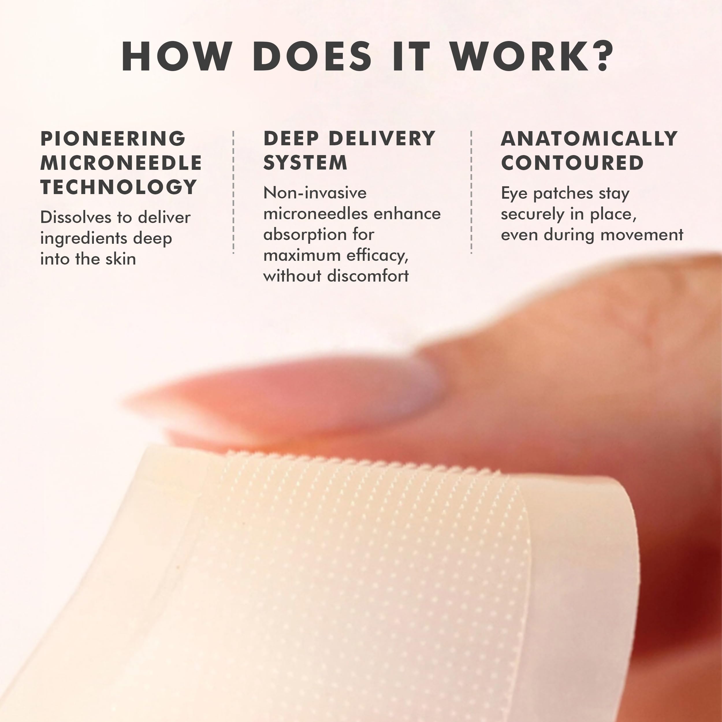Model showing application of no slip dissolving microneedle patches under the eyes
