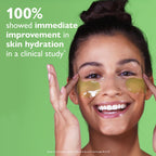 Demonstration of green cucumber eye patches applied under eyes
