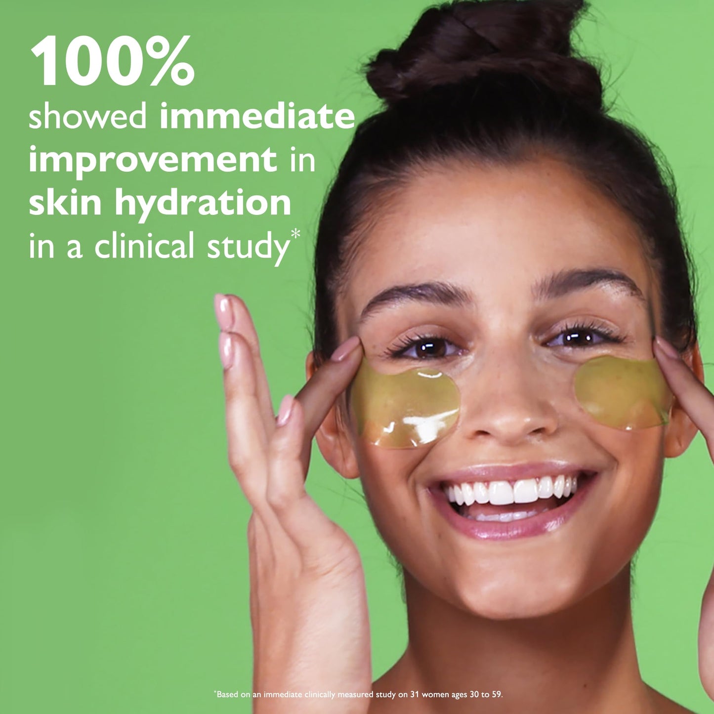Model applying Peter Thomas Roth gel patches to under-eye area