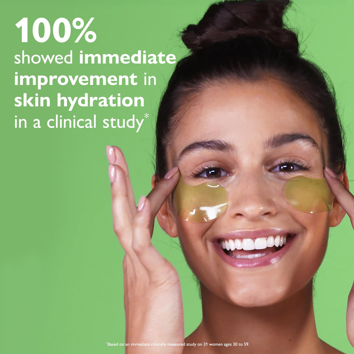 Demonstration of green cucumber eye patches applied under eyes