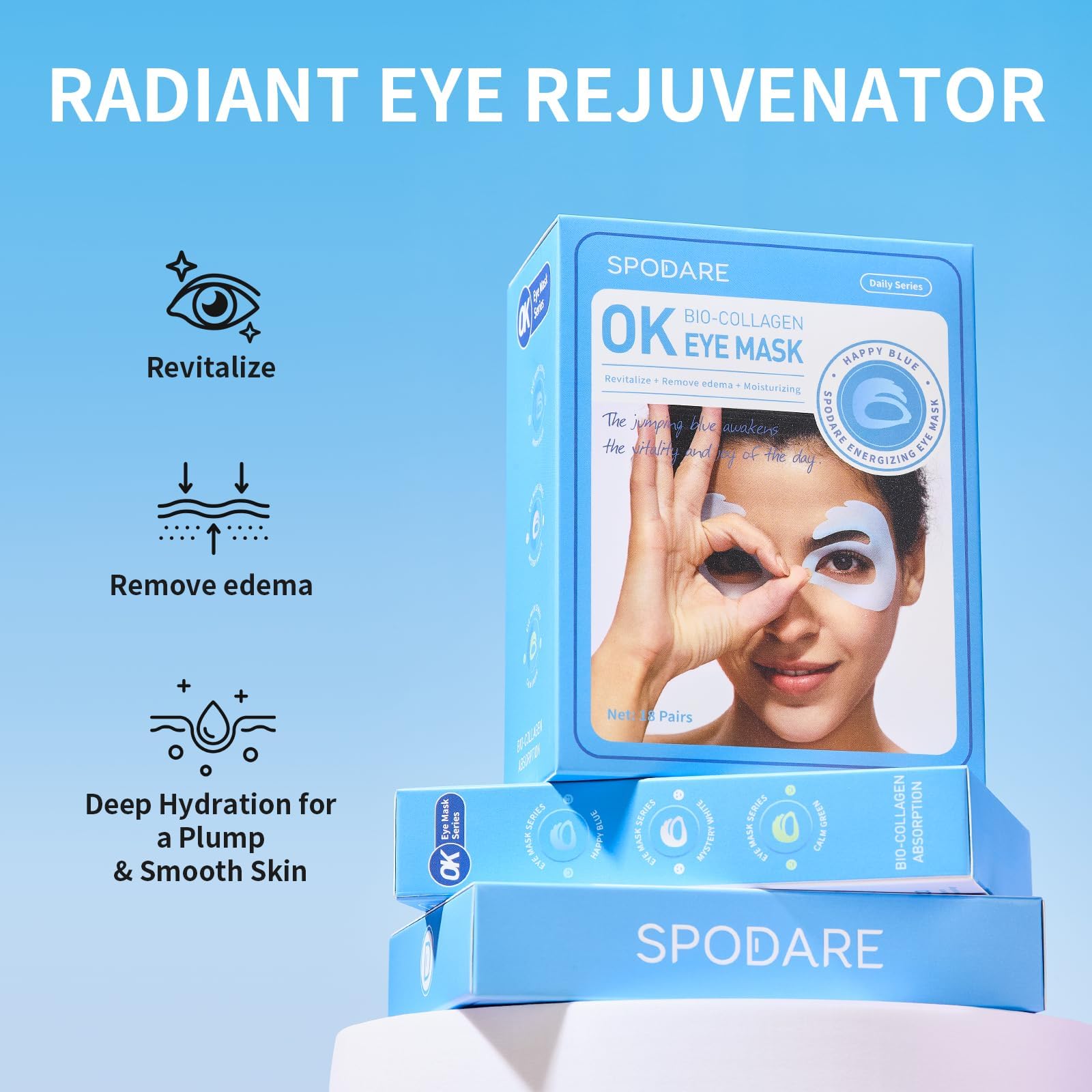 SPODARE retinol and bio collagen eye patches applied on a model demonstrating the full contour fit.