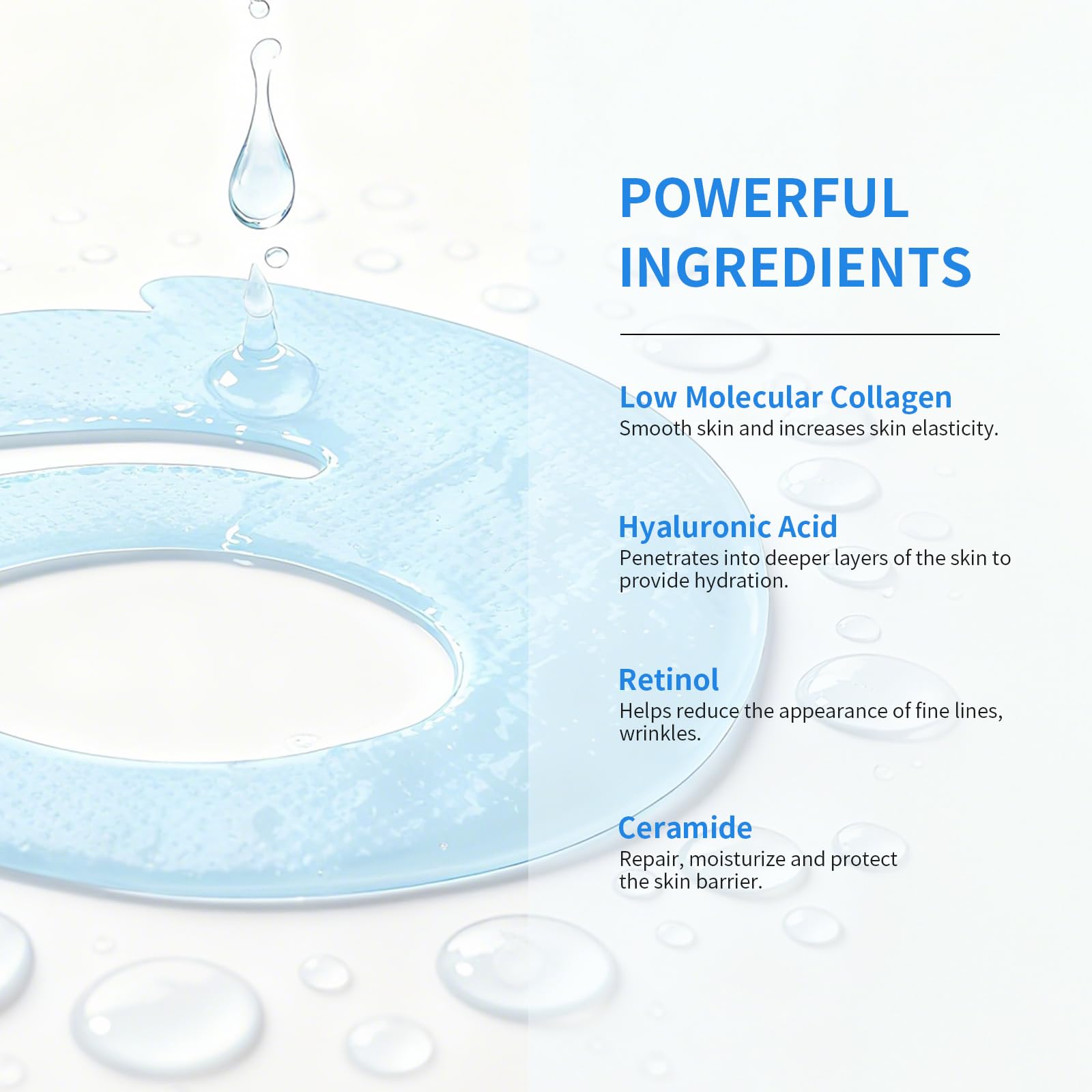 Back label of SPODARE eye masks highlighting the active ingredients including low-molecular-weight collagen.