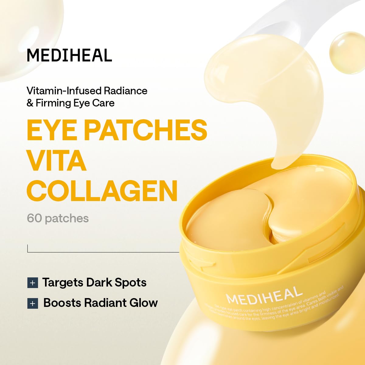 Open jar of Mediheal Vita Collagen Eye Ampoule Patches revealing sixty clear cooling hydrogel sheets