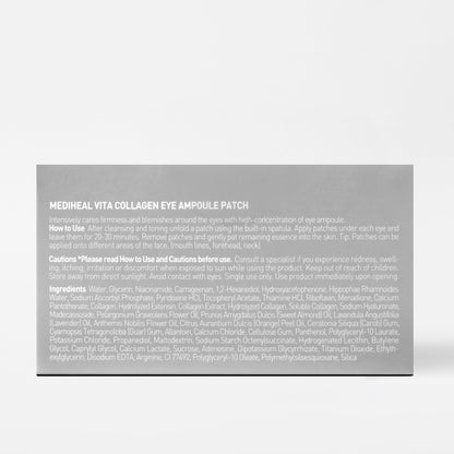 Full view of the sixty piece Mediheal Vita Collagen eye patch box showing product weight and ingredients