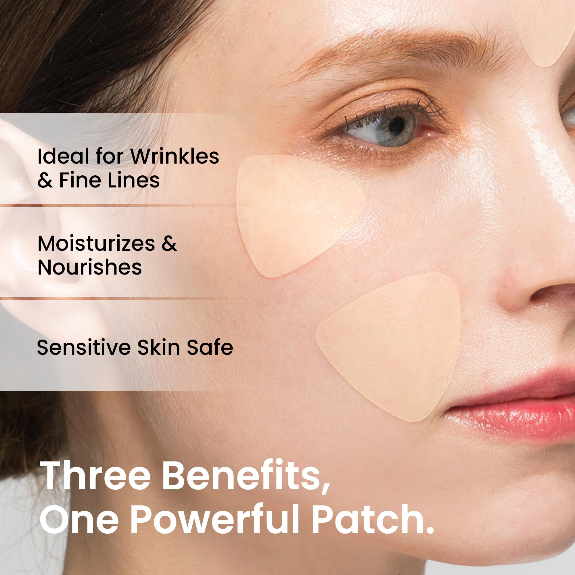 NURIVE anti wrinkle hydrocolloid sheets displaying the three different patch sizes for versatile facial application.