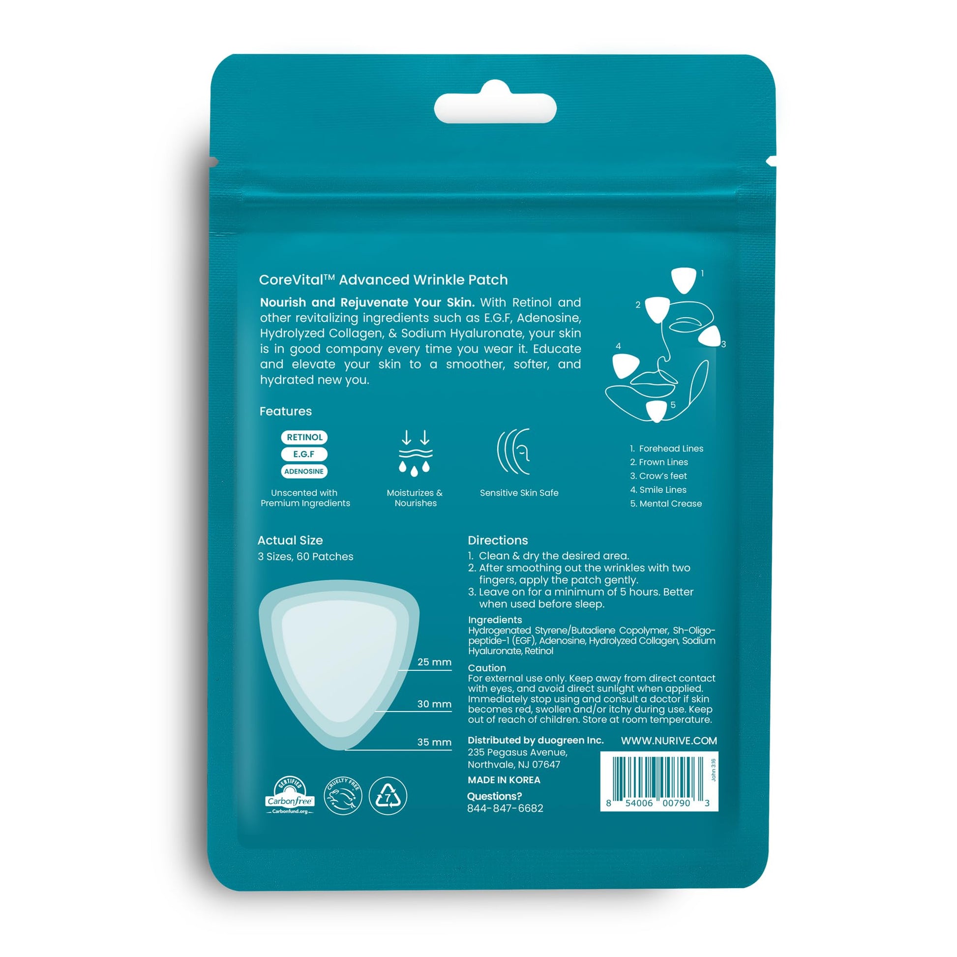 Premium imported NURIVE wrinkle treatment kit showing the small medium and large patch assortments.