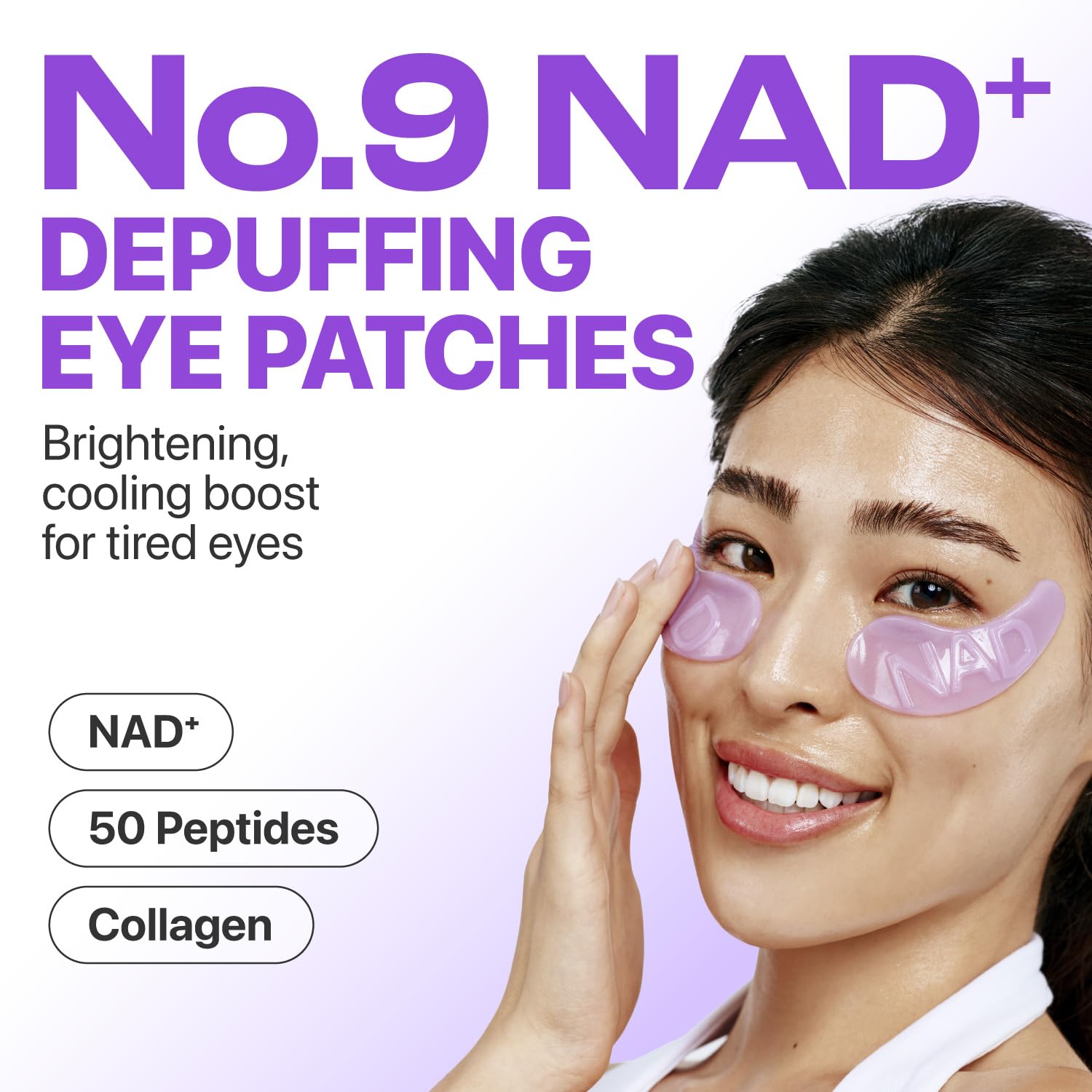 Close up of purple glittery hydrogel patches under the eye for depuffing