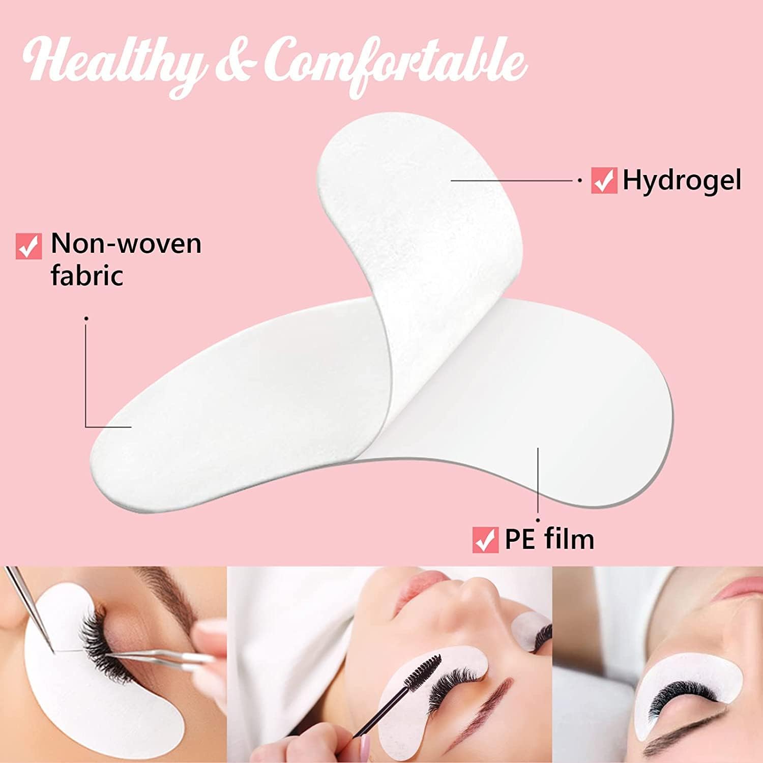 GreenLife 50 pairs eyelash extension hydrogel patches showcasing the lint-free material.