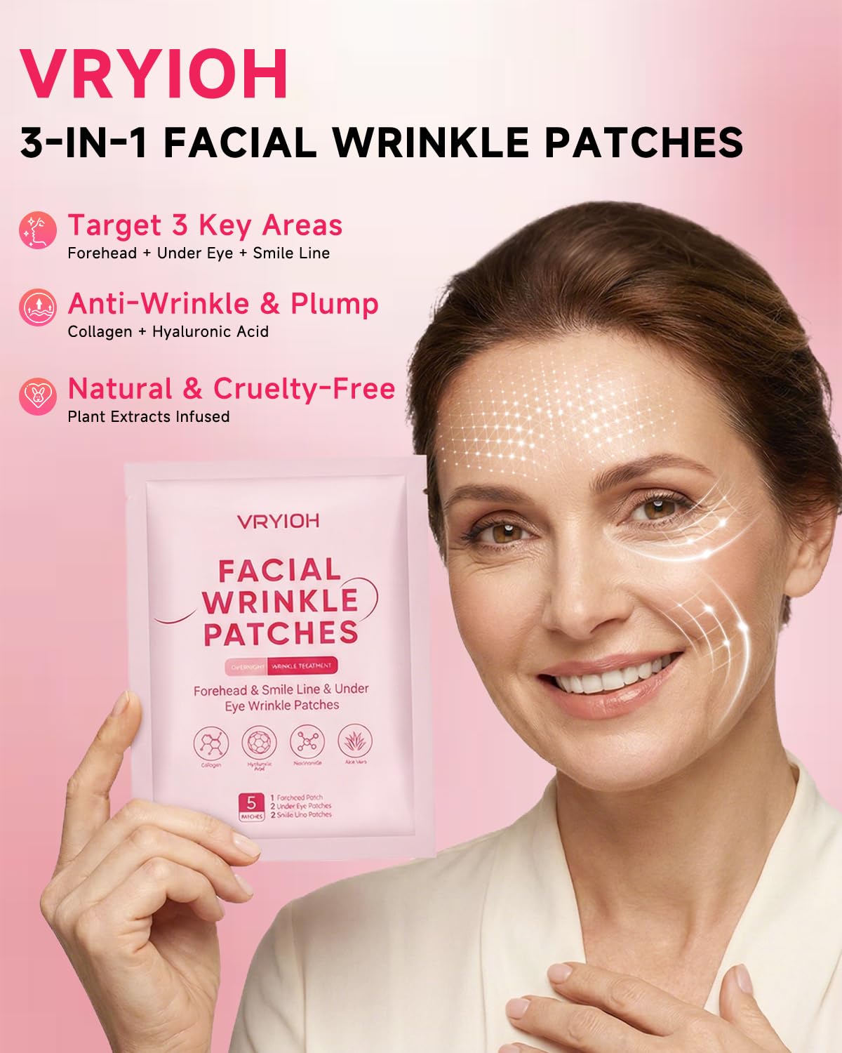Overnight hydrogel patches applied to the forehead and under-eye areas for wrinkle treatment.