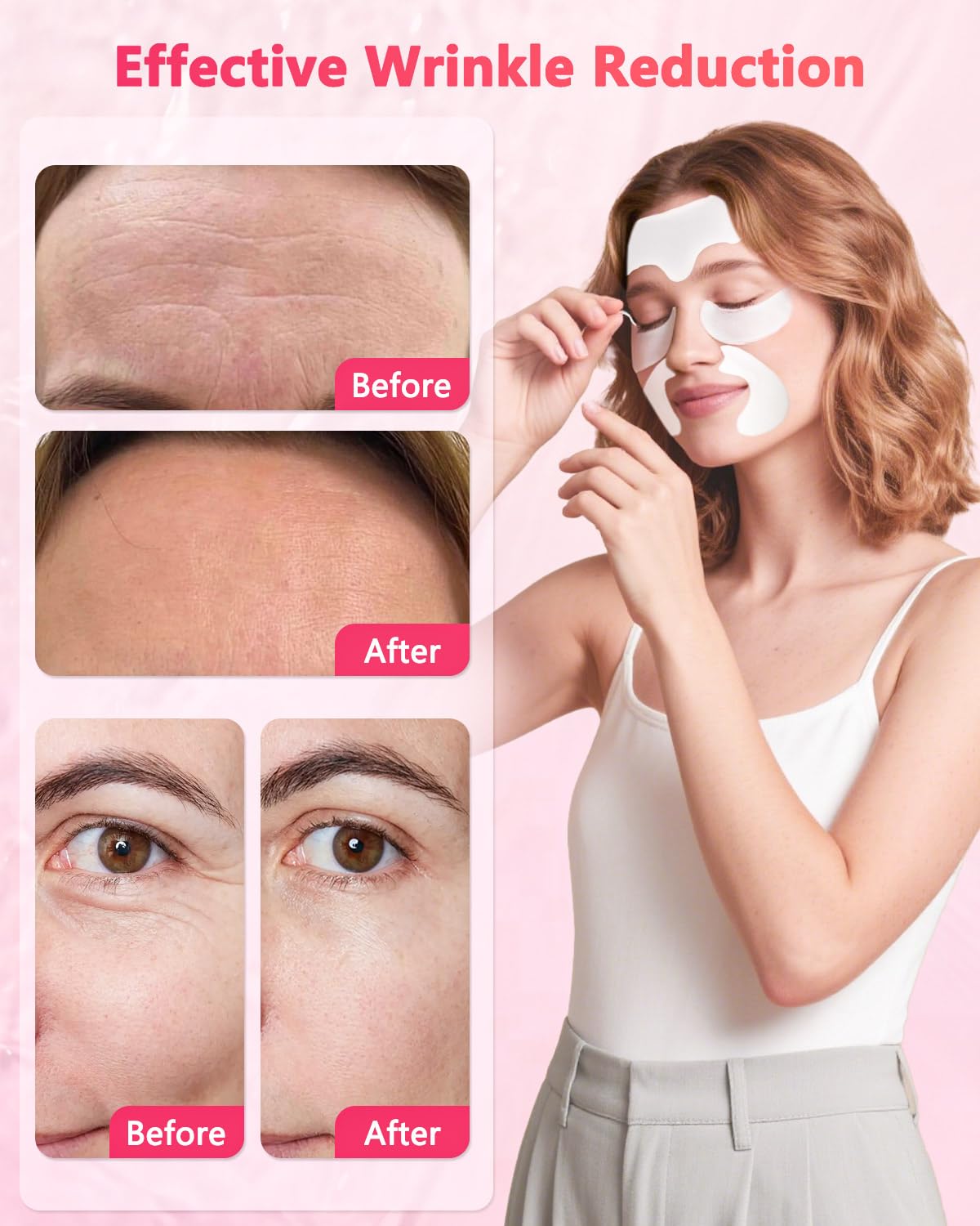 Sixty count wrinkle patch set displayed with separate pieces for forehead smile lines and eyes.