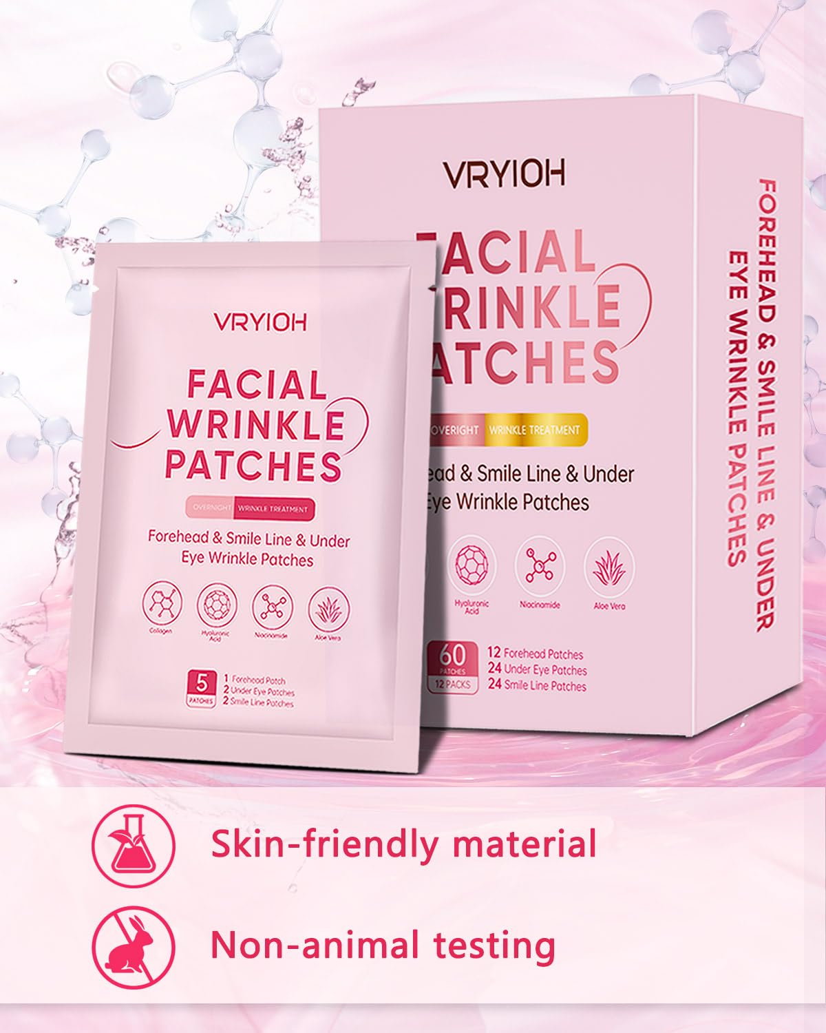 Vryioh facial wrinkle patches packaging reverse side showing usage instructions and ingredients.