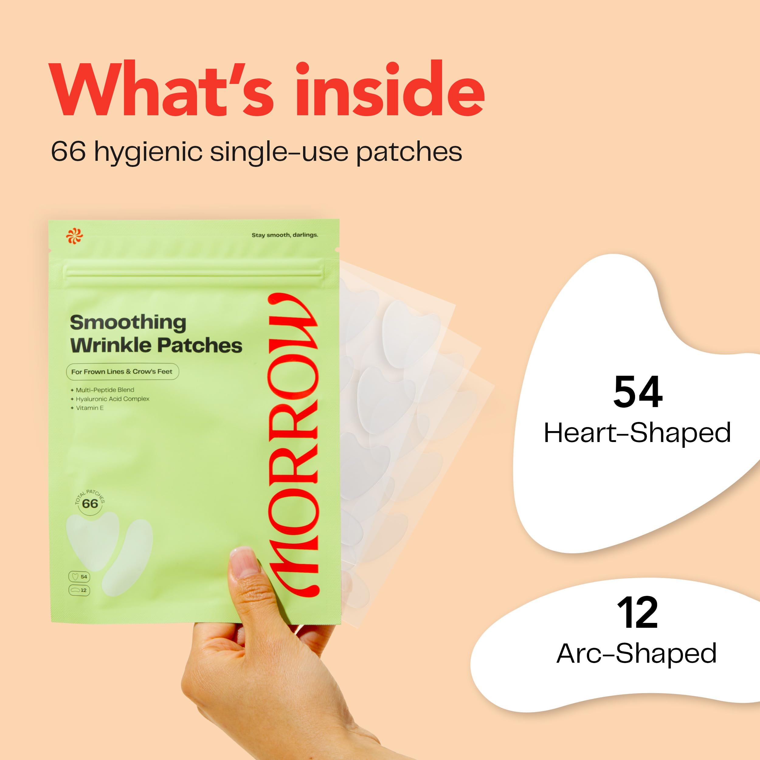 Application guide visual for Morrow Beauty patches targeting frown lines and smile lines.
