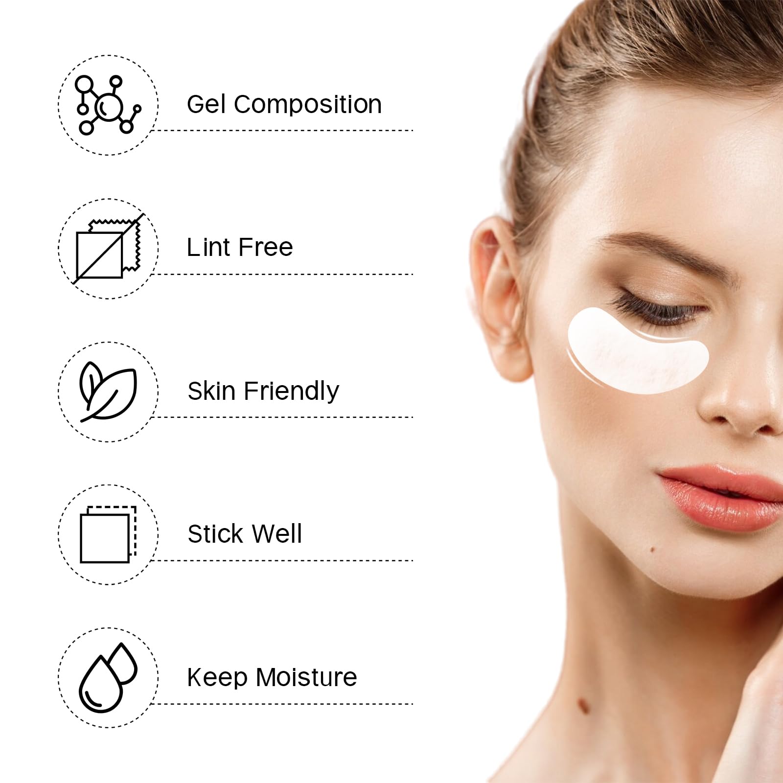 Vaincre lint free gel pads applied under the eye for lash lift procedures.