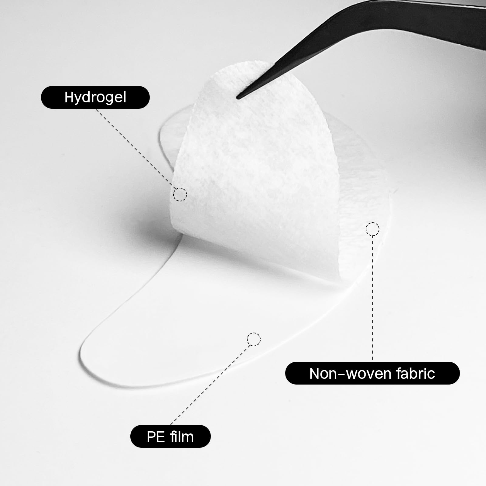 Pre-curved flex-form hydrogel patches showing the skin-friendly gel side.