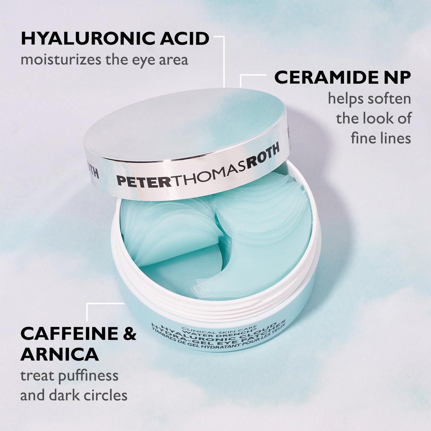 Back label of Peter Thomas Roth eye patches with ingredient list