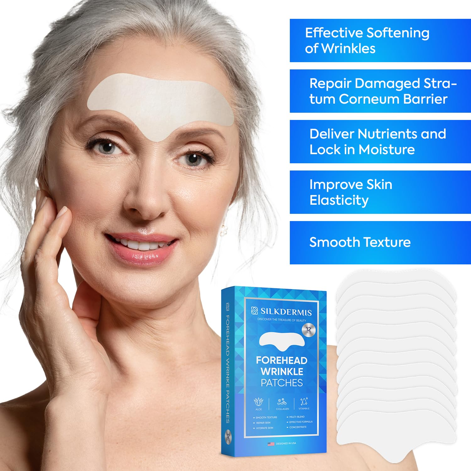 Silkdermis anti aging treatment patches displayed next to the product packaging highlighting the infused ingredients.