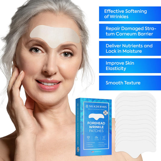 Silkdermis anti aging treatment patches displayed next to the product packaging highlighting the infused ingredients.