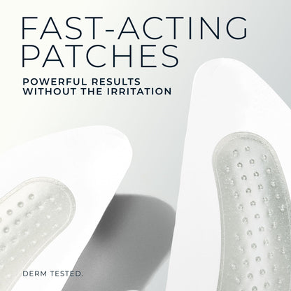 RoC Retinol Correxion anti aging patches showing clinical ingredient callouts for hyaluronic acid and firming peptides.