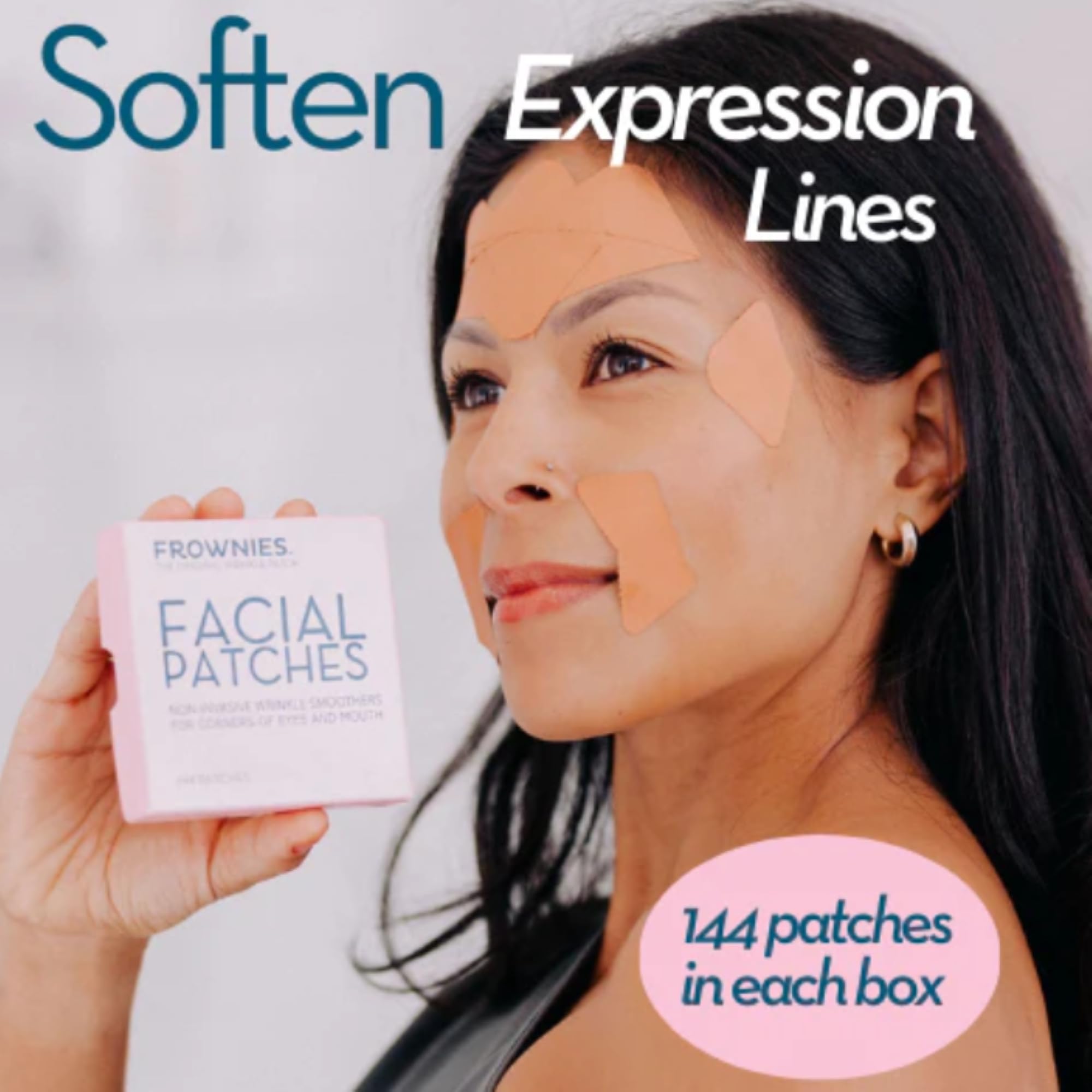 Frownies facial patches for wrinkles showing the unbleached kraft paper diamond and butterfly shapes for smile lines.