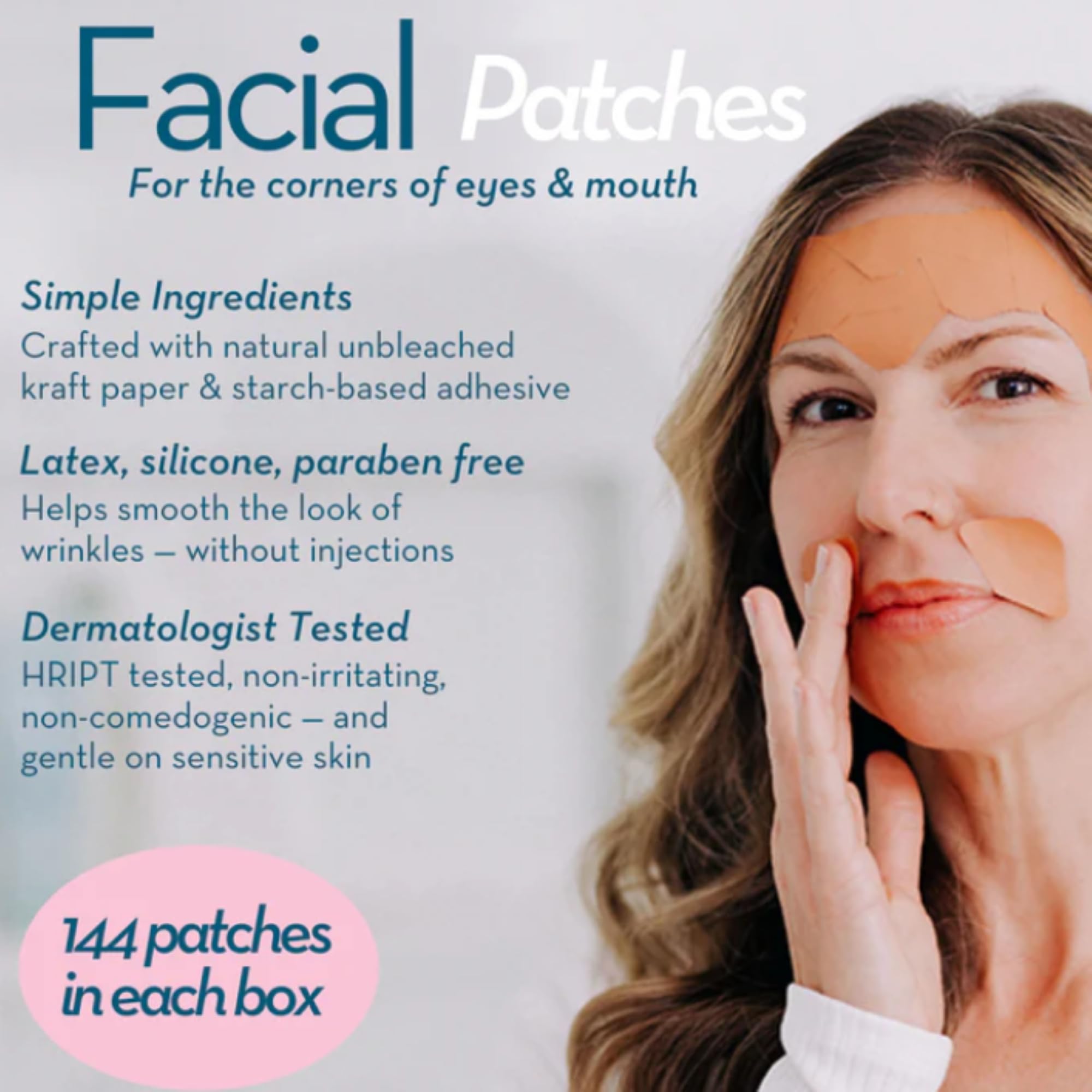 Frownies natural botox alternative patches showing the shiny water activated adhesive side before facial application.