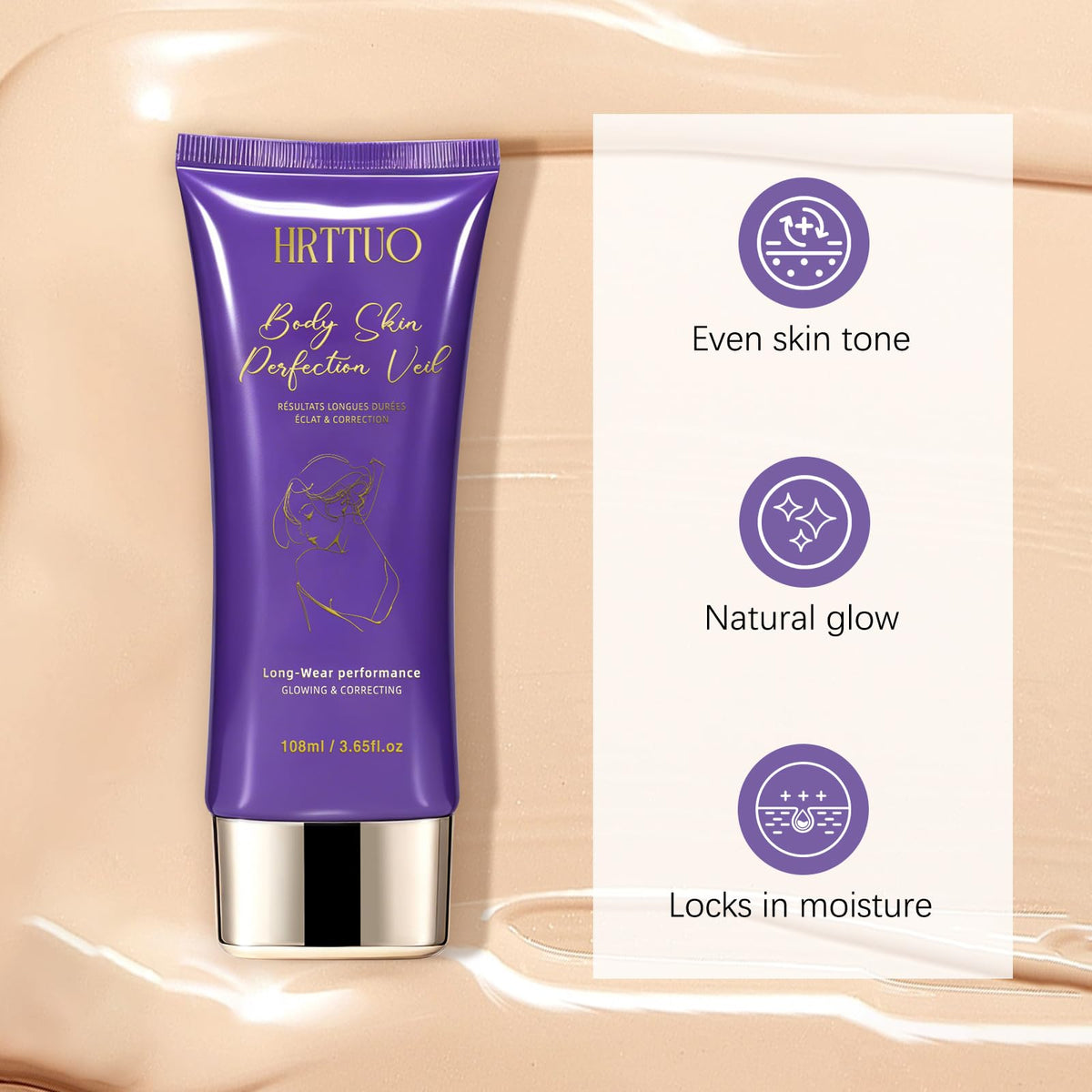 HRTTUO transfer resistant body makeup bottle back label