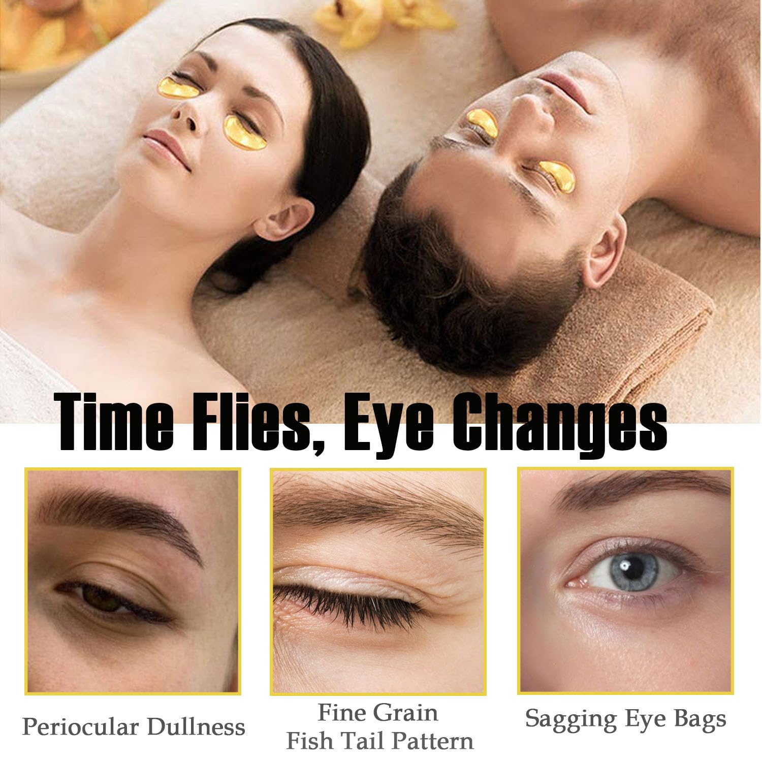 Full collection of sixty pieces of imported hydrogel eye and lip masks laid out flat.