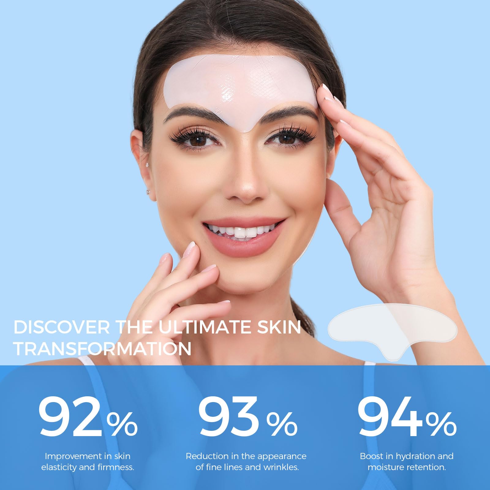 Before and after visualization of forehead fine lines using collagen anti wrinkle patches.