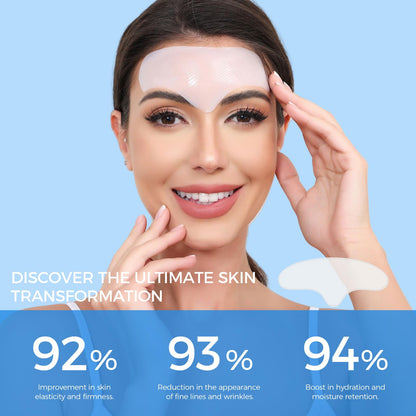 Before and after visualization of forehead fine lines using collagen anti wrinkle patches.