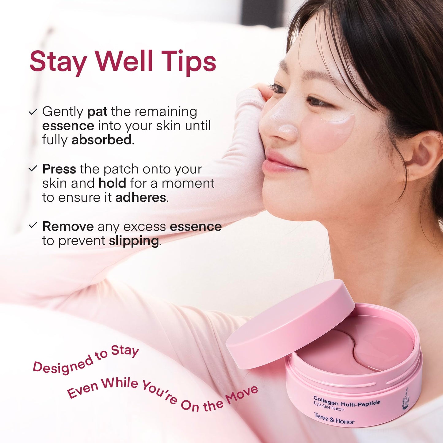 Versatile hydrogel patches being used on smile lines and forehead for fine lines