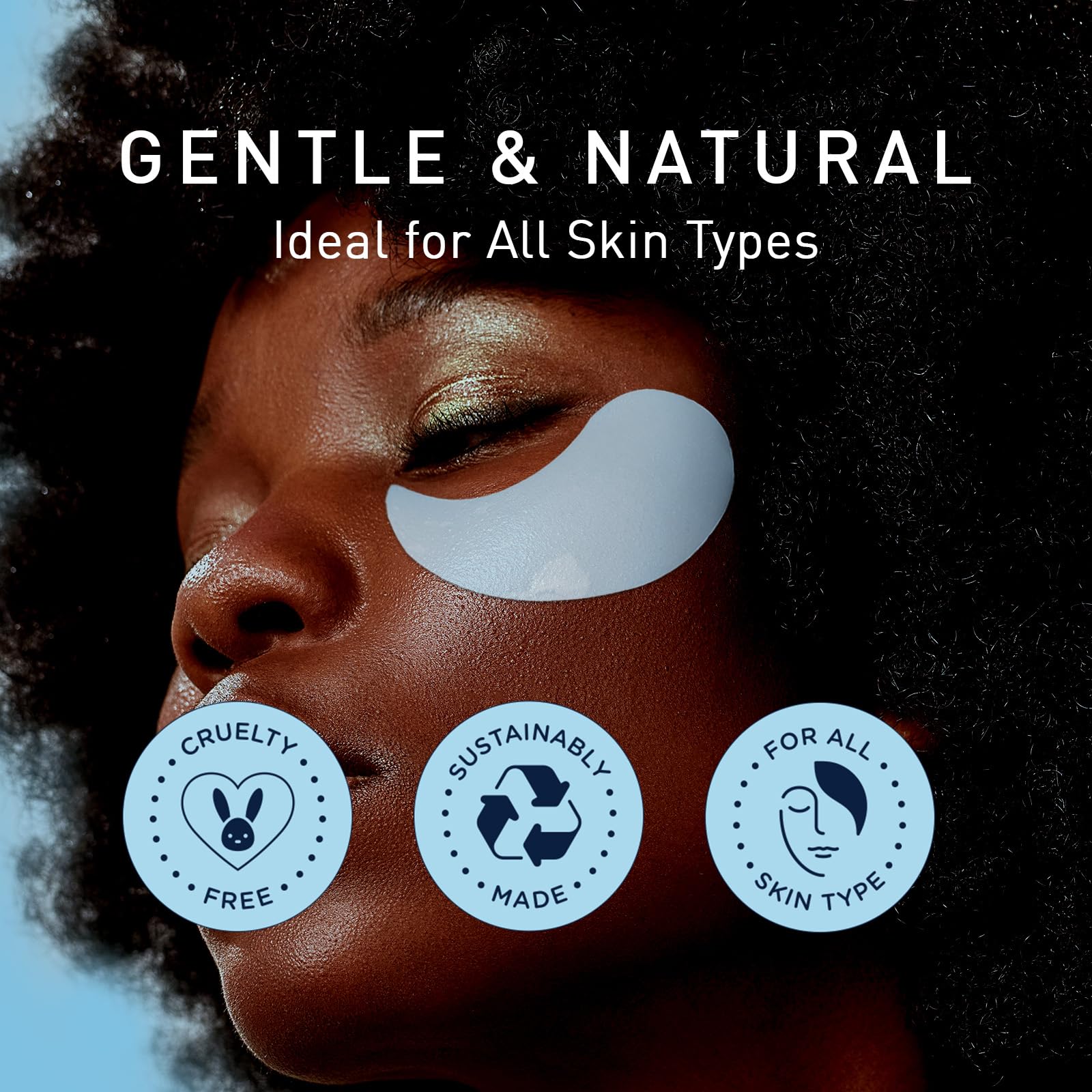 Skincare model demonstrating the perfect placement of blue hydrogel patches under the eye