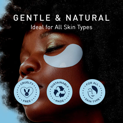 Skincare model demonstrating the perfect placement of blue hydrogel patches under the eye