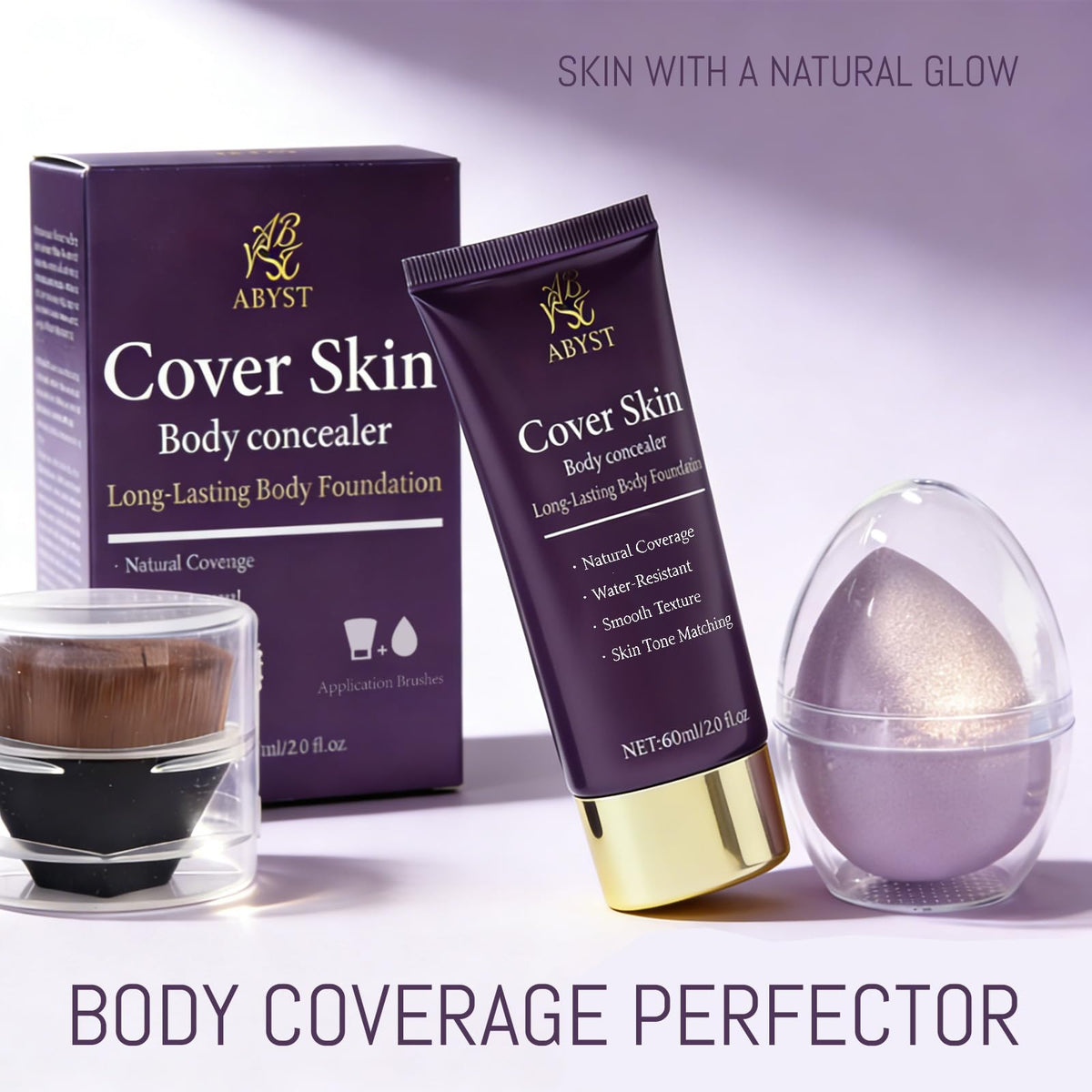 Abyst Natural Beige body makeup tube with applicator tools