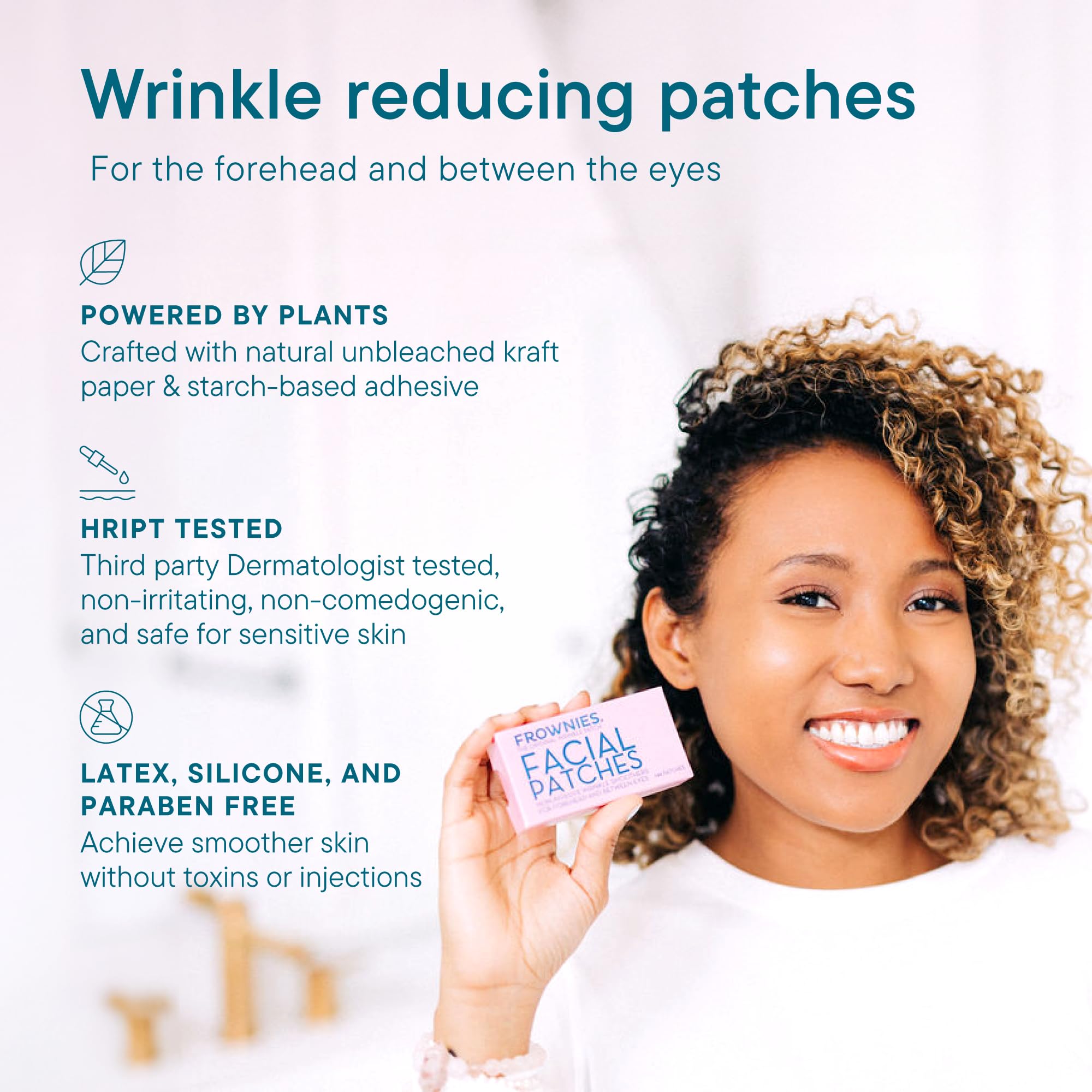 Frownies facial patches applied on forehead and between eyebrows