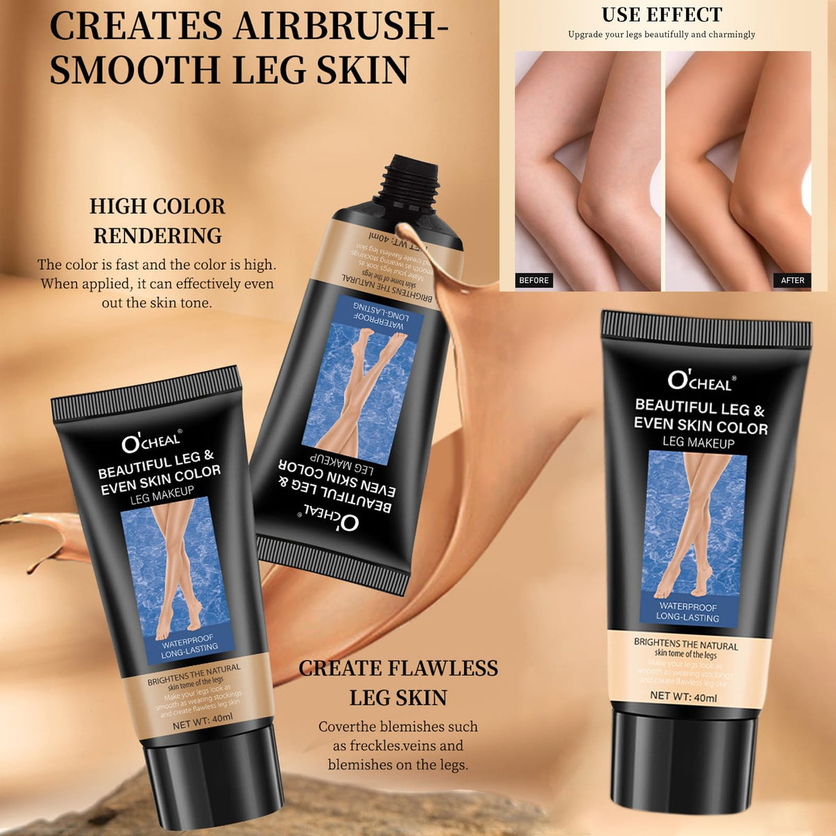 Before and after comparison using Dulele leg vein cover up makeup